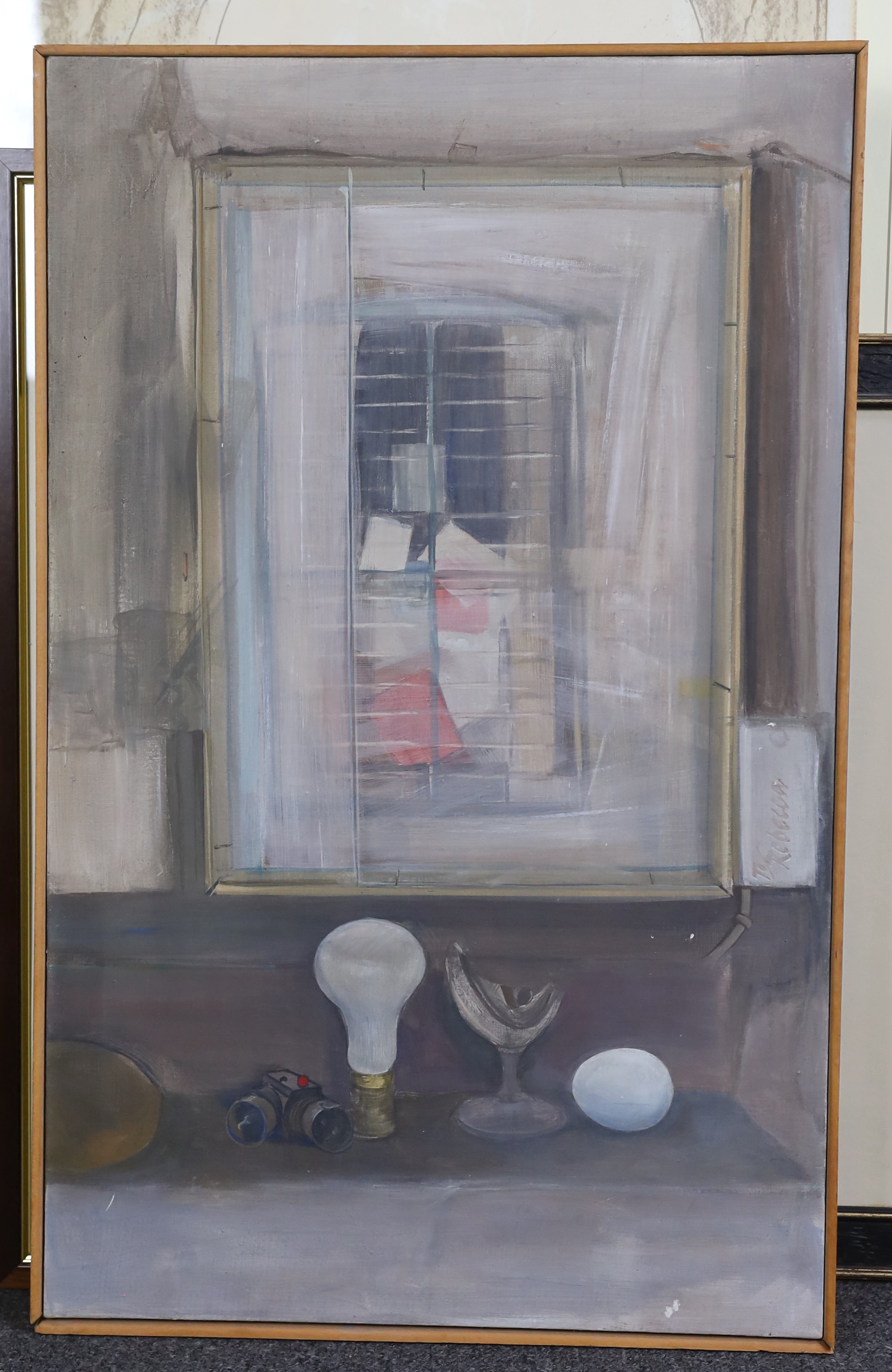 David Tindle R.A. (British, b.1932), Objects before a window, oil on canvas, 74 x 46cm